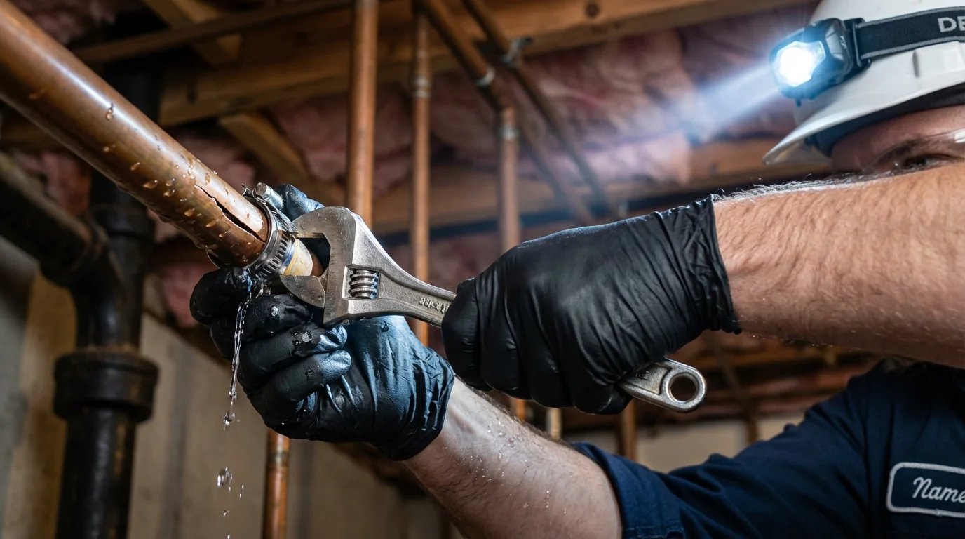 Emergency pipe clamp repair being performed by a Johns Plumbing LLC plumber in Burnsville