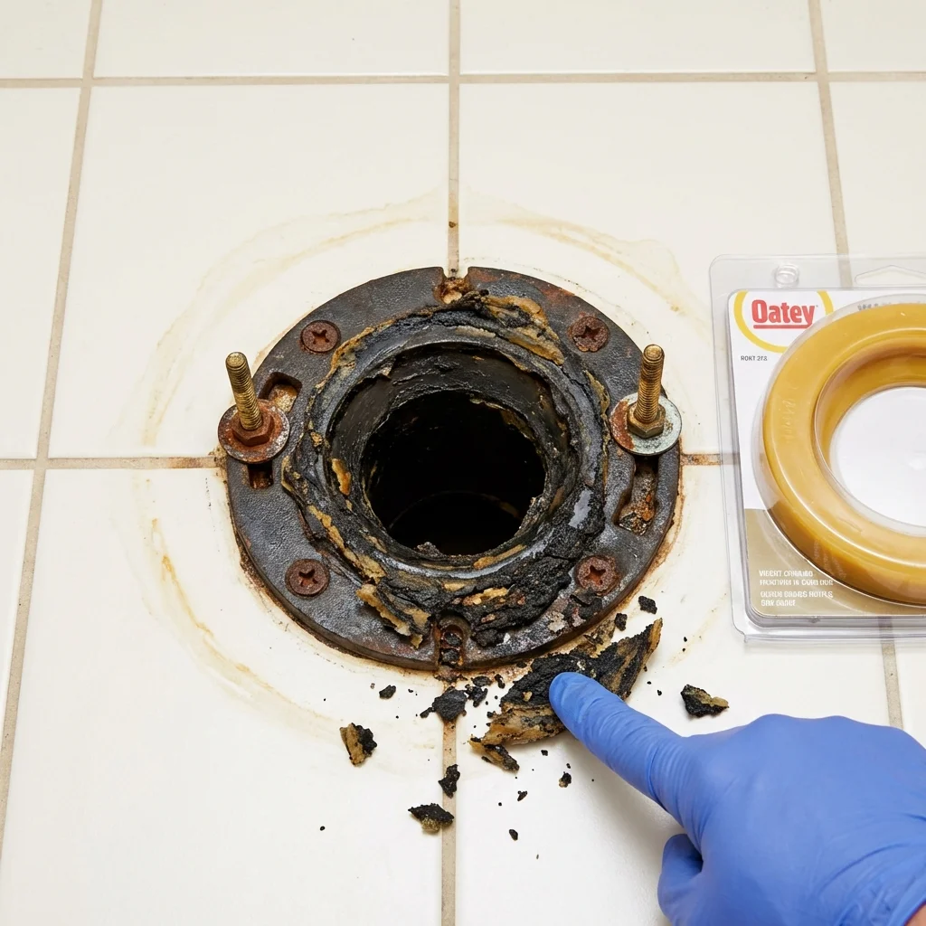 Failed wax ring showing water seepage at the base of a toilet in a Burnsville, NC home