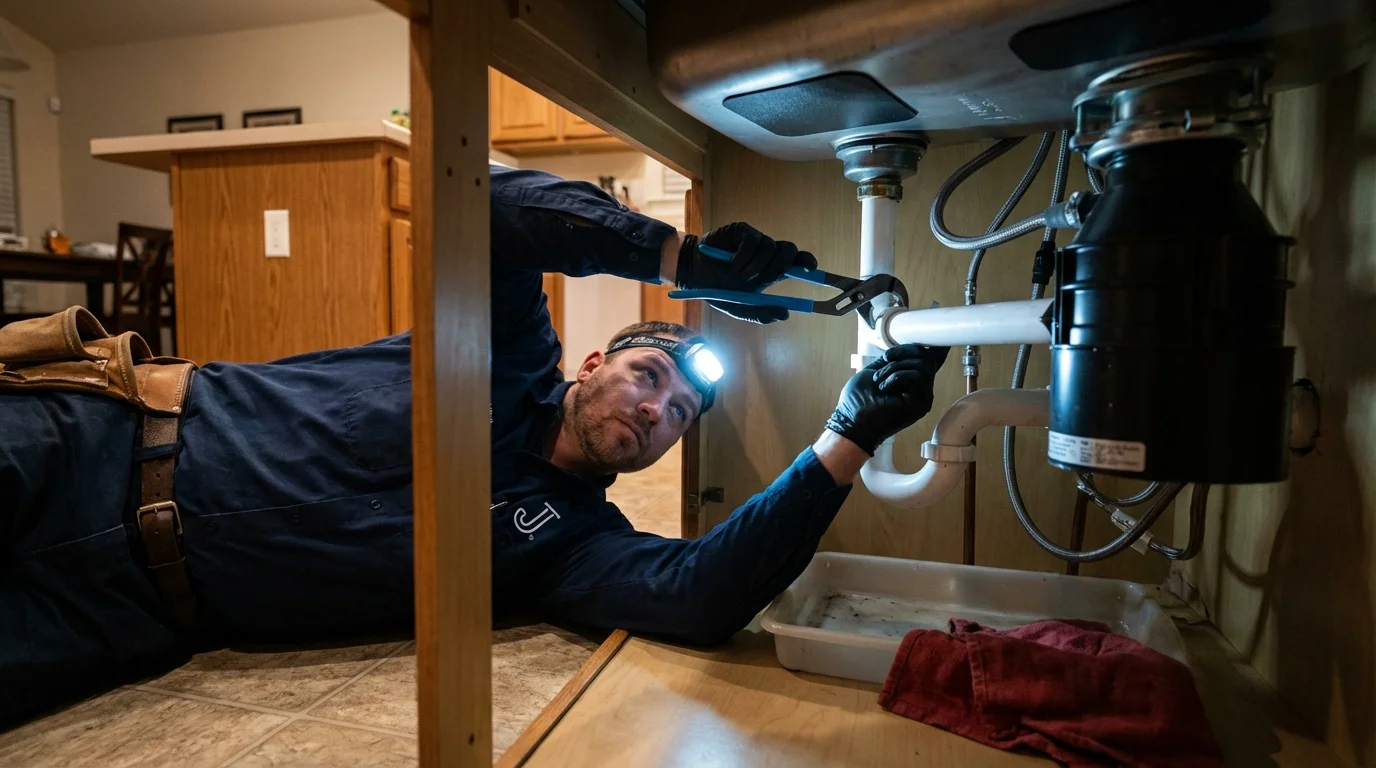 P-trap and supply line connections under a kitchen sink showing a common leak point in Burnsville, NC